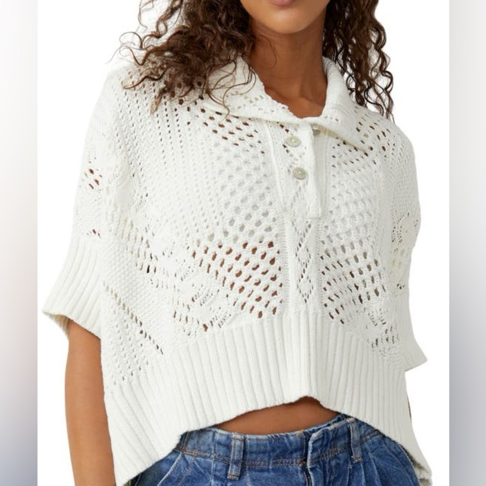 Free People “To The Point” Open Knit Polo Sweater Size L White Cotton Cropped